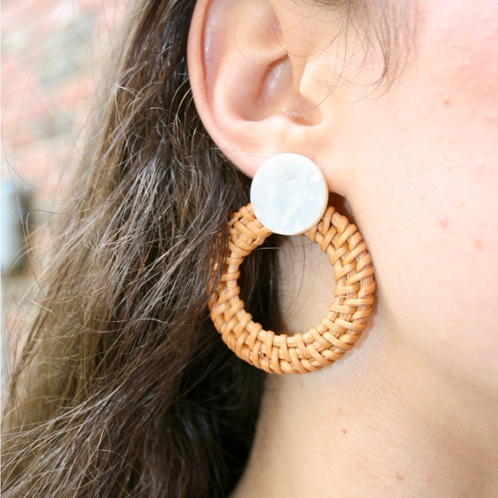 Tan and White Rattan Hoop Earrings
